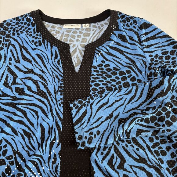 Susan Graver Liquid Knit Tunic Top Size M Blue Animal Print Sparkles 3/4 Sleeve - Picture 7 of 13